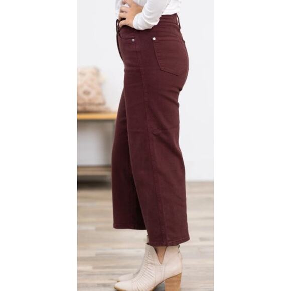 JUDY BLUE High Waist Cropped Tummy Control Wide Leg Burgandy Jean Size 14W - Picture 2 of 5